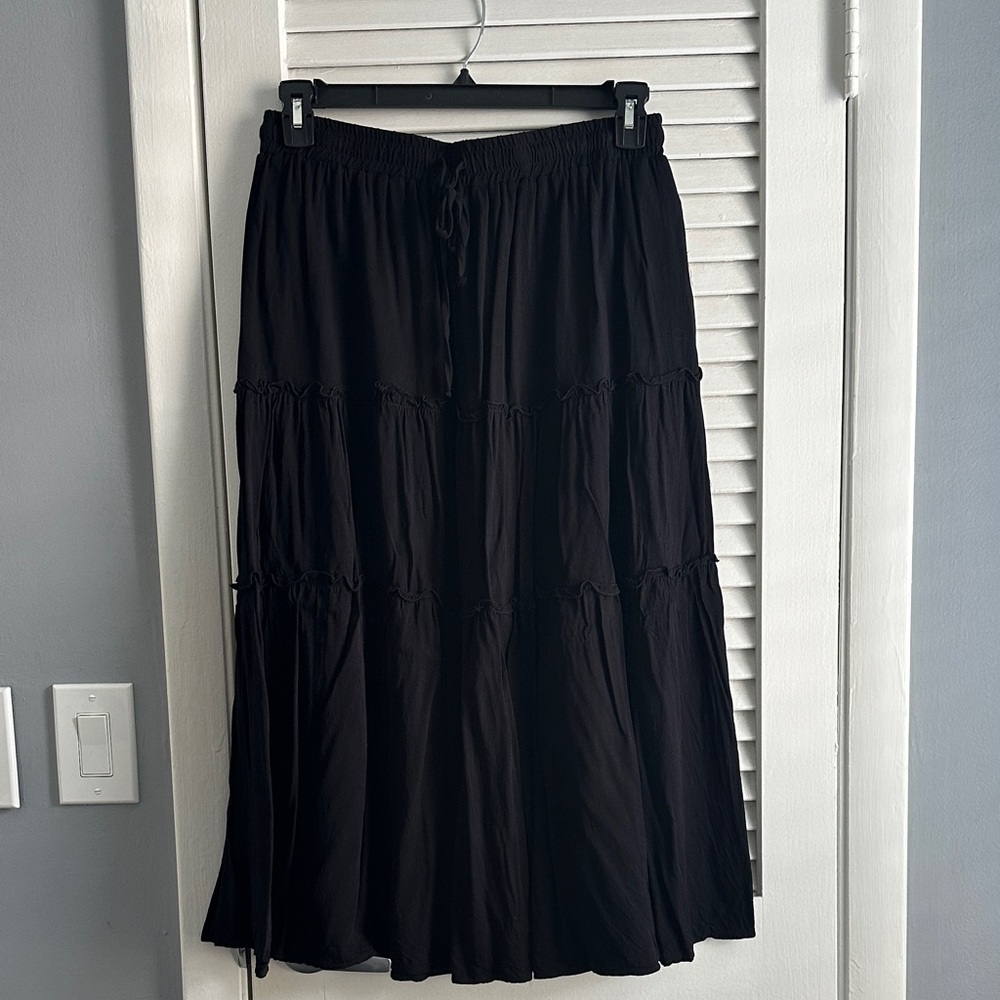 Women’s Black Maxi Skirt Dress Tiered Drawstring Large